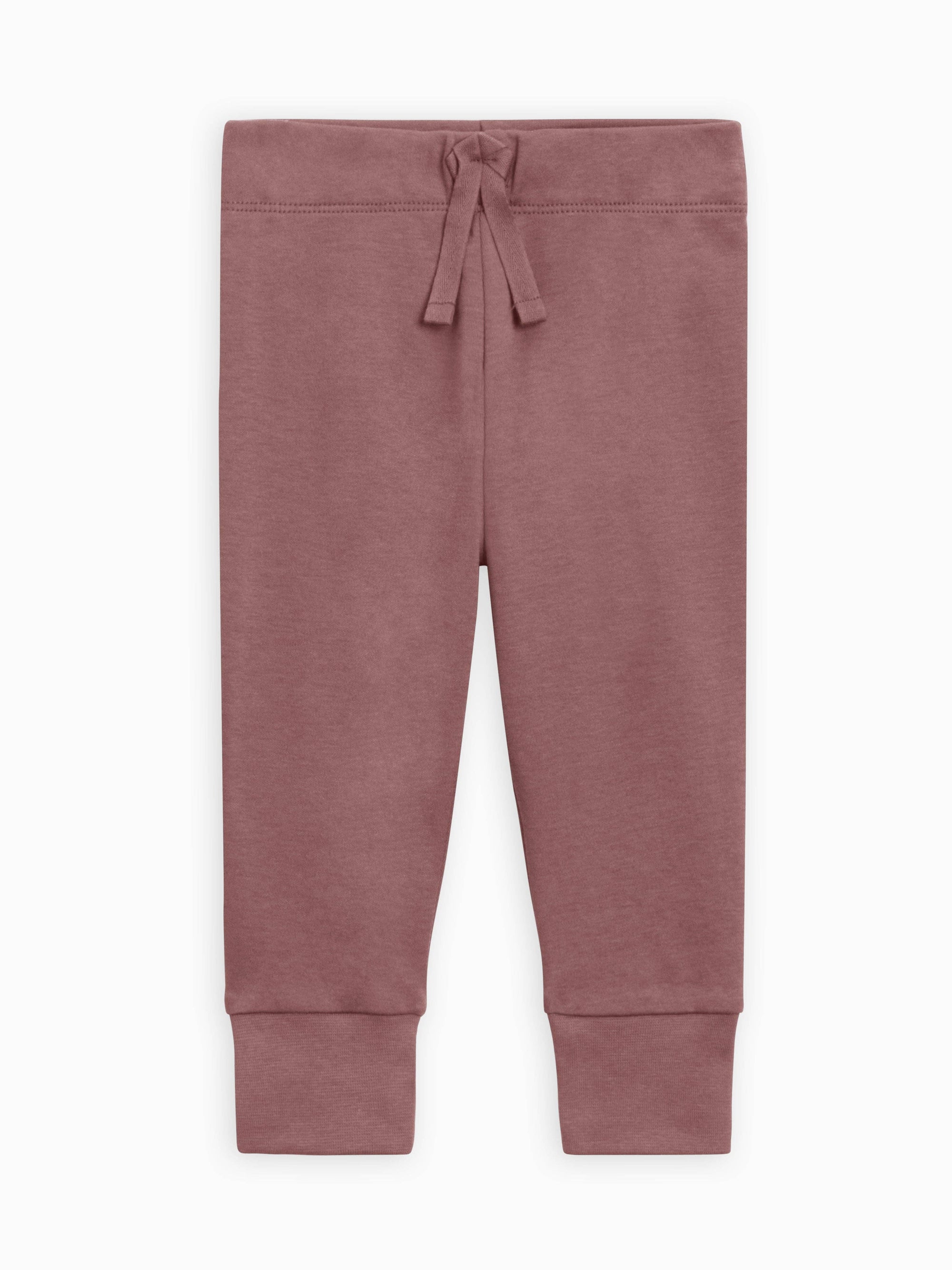 Mauve baby jogger pants with a drawstring on a white background