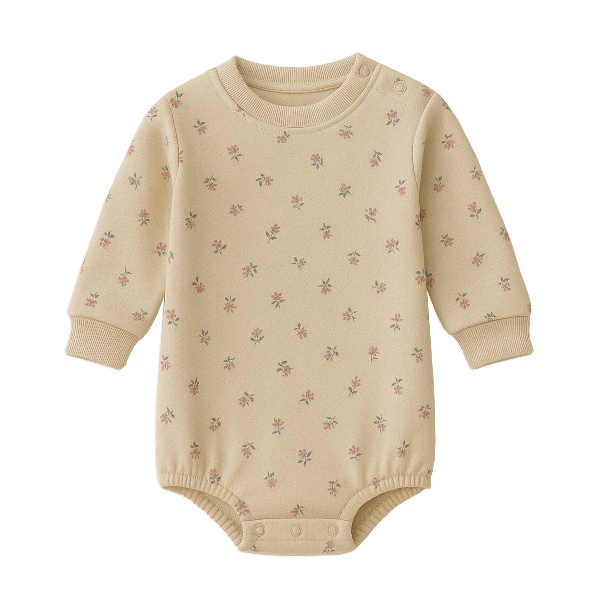 Beige baby bodysuit with floral pattern on a white background