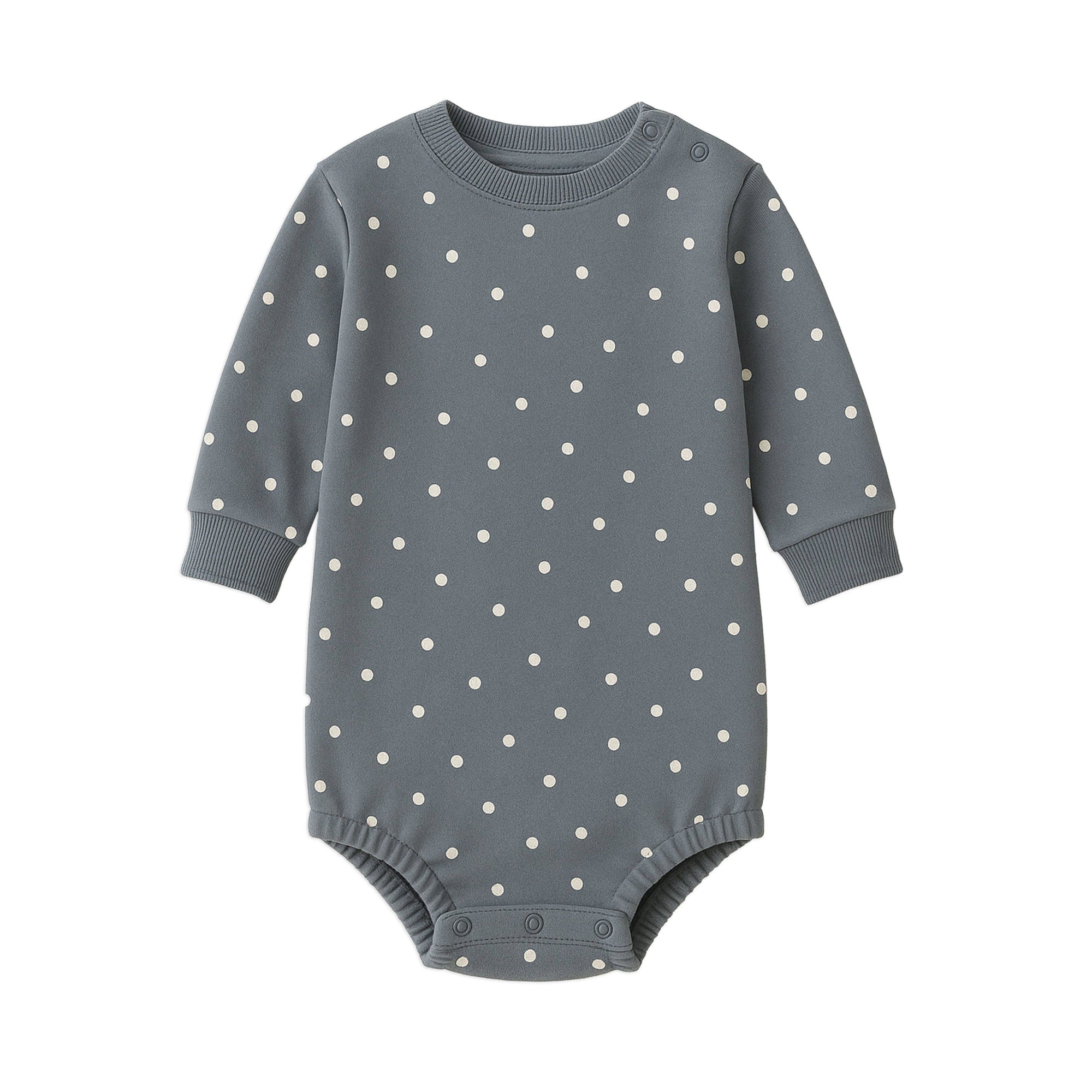 Gray baby onesie with white polka dots on a white background