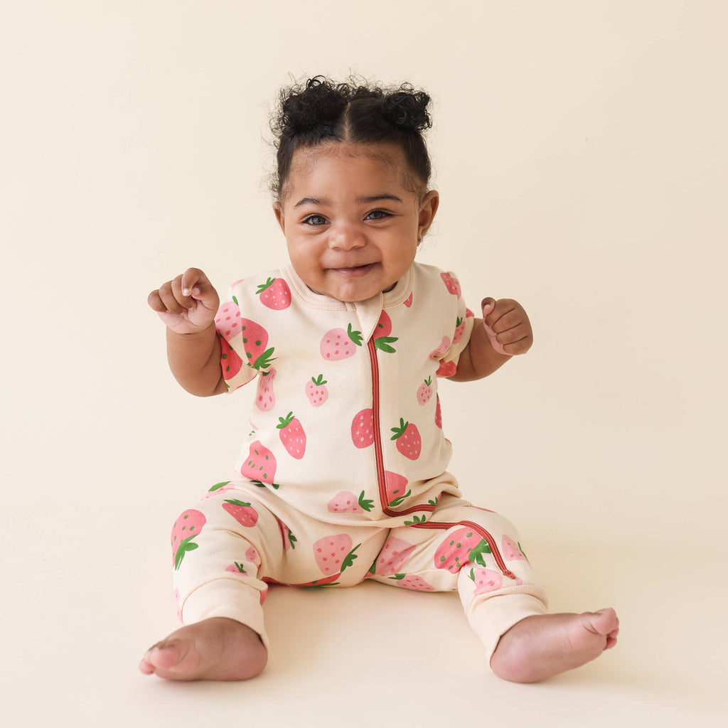 Organic Cotton Baby Zip Romper – Short Sleeve, Signature Prints