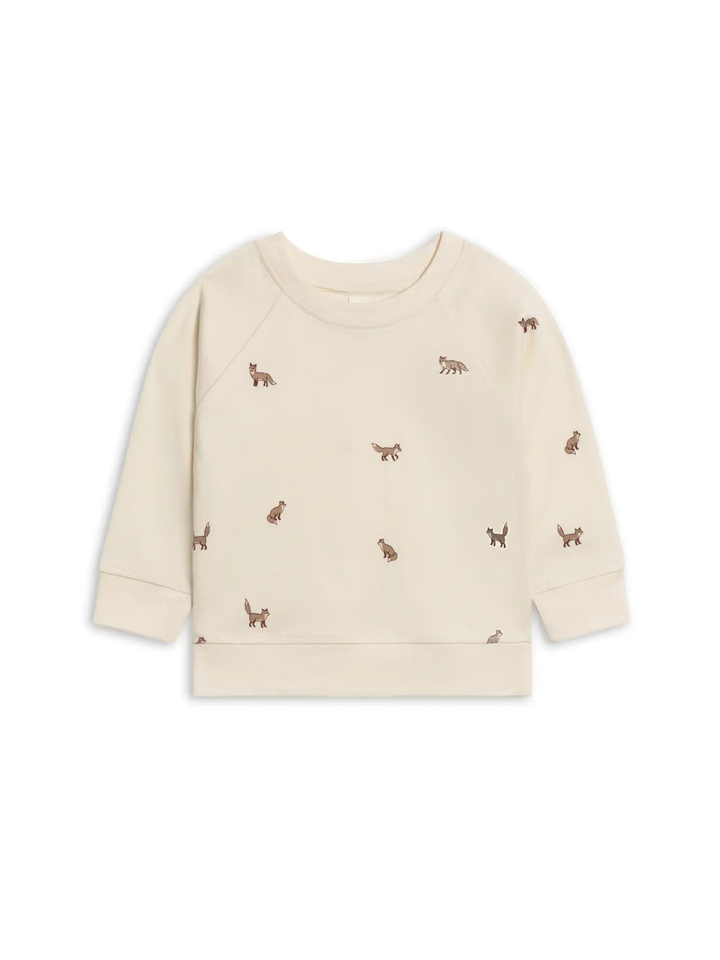 Beige sweatshirt with small embroidered designs on a white background