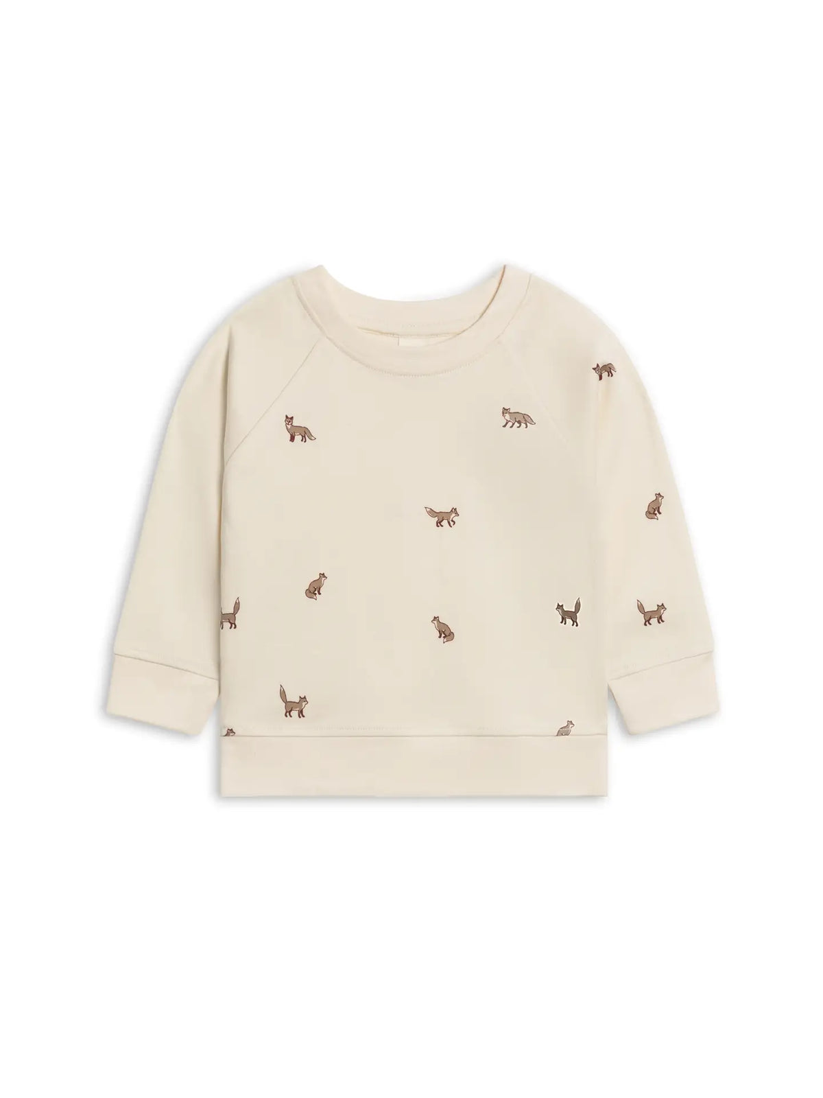 Beige sweatshirt with small embroidered designs on a white background