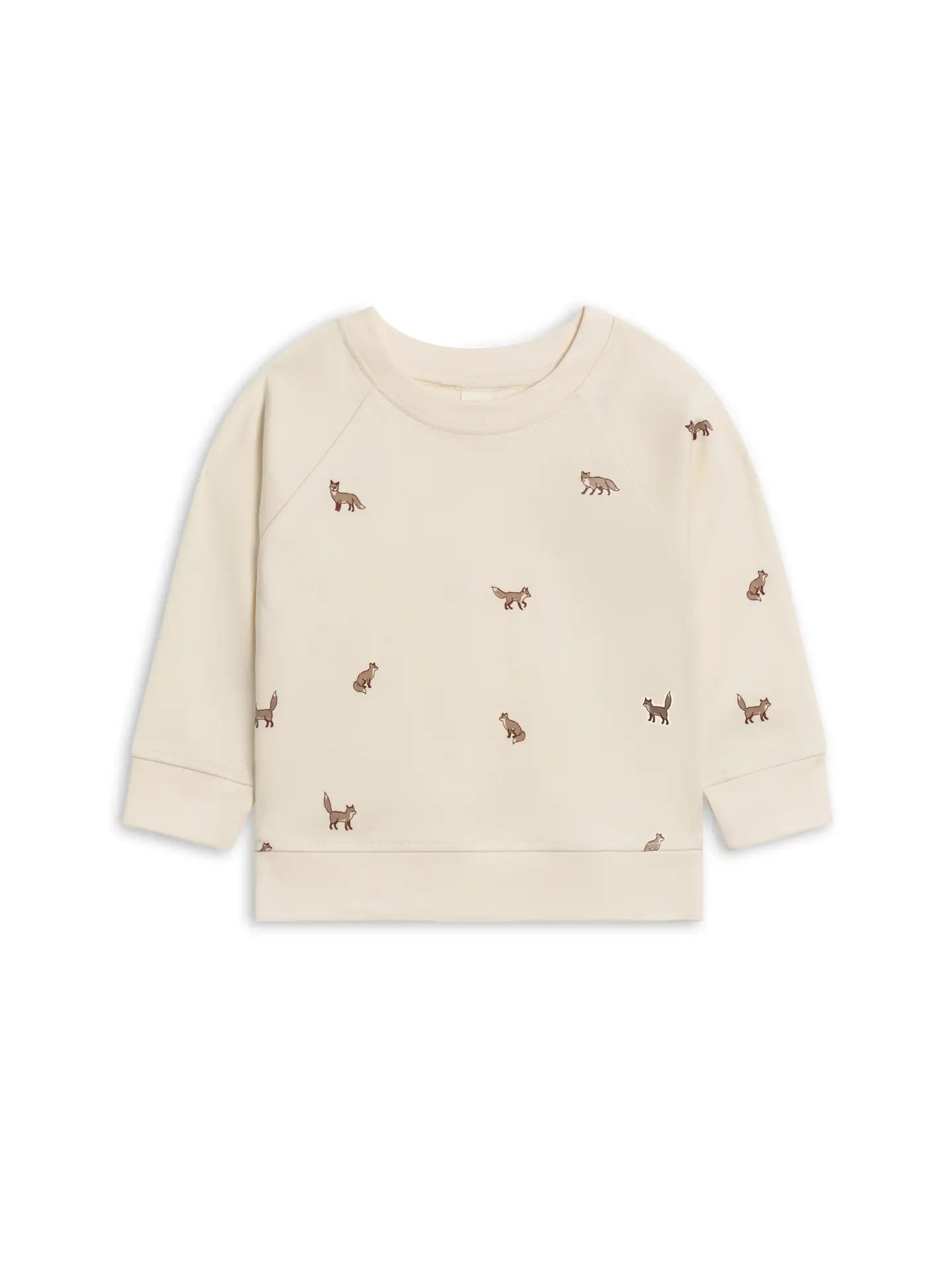Beige sweatshirt with small embroidered designs on a white background